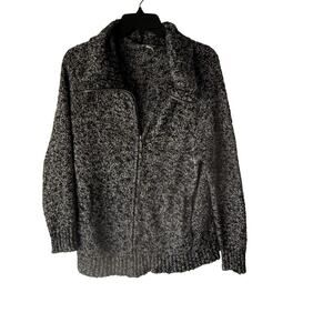 LL Bean Sweater Womens Medium Black White Full Zip‎ Cardigan Marled Knit Cotton